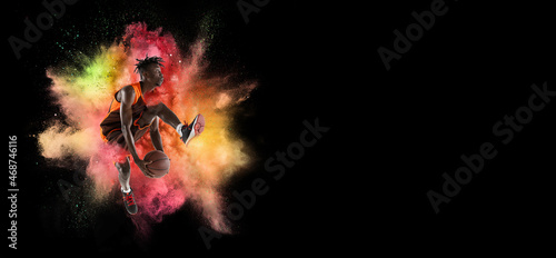 Creative collage of young man, professional backetball player training isolated over colorful powder explosion on black background. Flyer photo