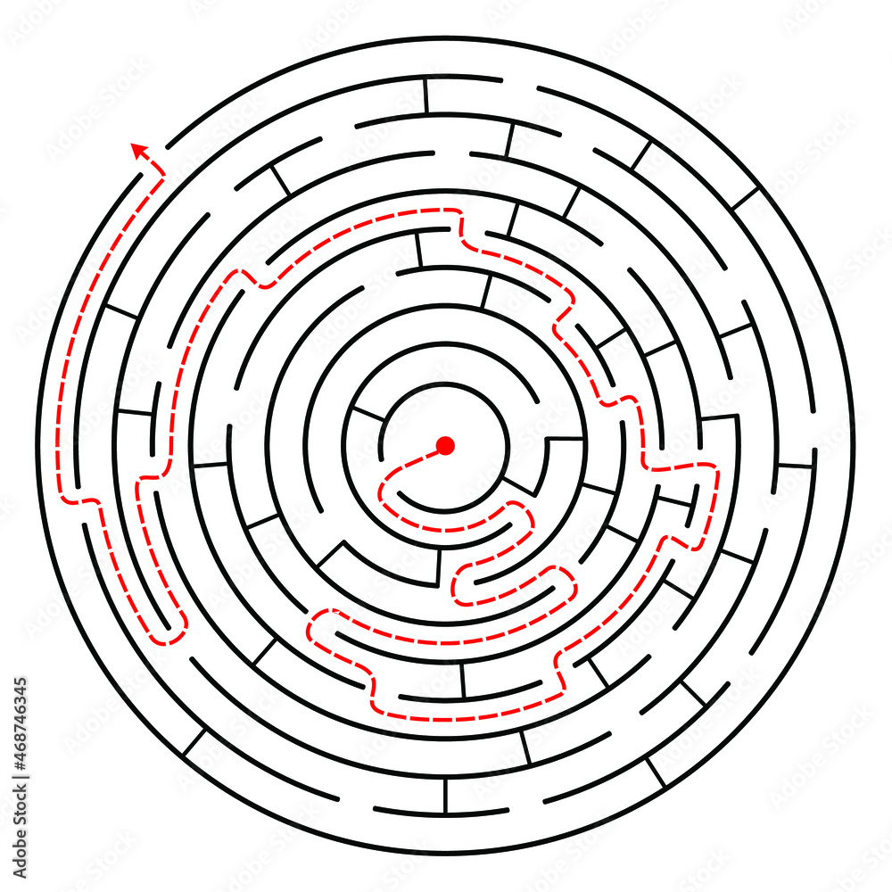 Education logic game circle labyrinth for kids. Find right way. Isolated simple round maze black line on white background. With the solution. Vector illustration. Education logic game circle labyrinth for kids. Find right way. Isolated simple round maze black line on white background. With the solution. Vector illustration.