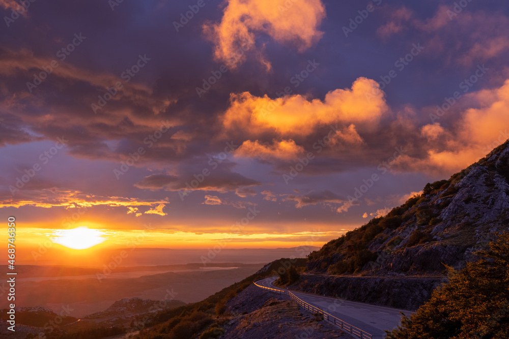 Sunset on the Adriatic sea seen from Velebit mountain, Croatia