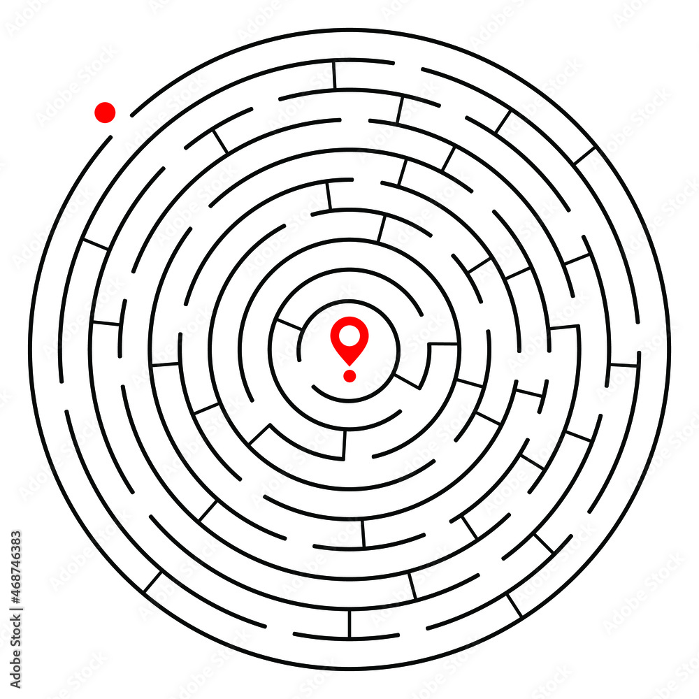 Education logic game circle labyrinth for kids. Find right way. Isolated simple round maze black line on white background. With the solution. Vector illustration. Education logic game circle labyrinth for kids. Find right way. Isolated simple round maze black line on white background. With the solution. Vector illustration.