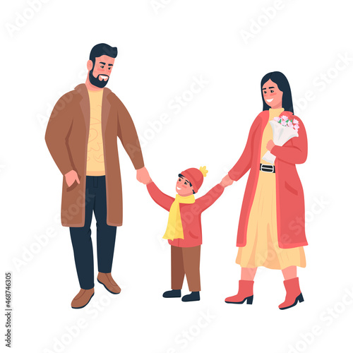 Family on winter walk semi flat color vector character. Posing figures. Full body people on white. Recreation isolated modern cartoon style illustration for graphic design and animation