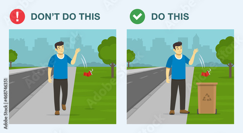 Good and bad behavior. Young male character throwing a used plastic cup on the ground and into recycling bin. Flat vector illustration template.