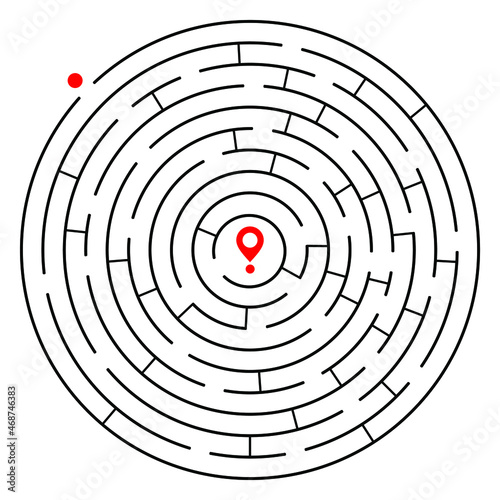 Education logic game circle labyrinth for kids. Find right way. Isolated simple round maze black line on white background. With the solution. Vector illustration.