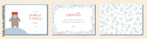 Merry and Bright Horizontal Holiday cards. Christmas, Holiday templates with greetings, bear, bird, ornate floral frame with copy space and floral background.
