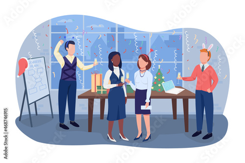 Office Christmas party 2D vector isolated illustration. Colleagues with drinks in flute glasses. Happy coworkers flat characters on cartoon background. Festive holidays celebration colourful scene