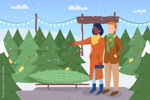 Picking pine at tree farm flat color vector illustration. Girlfriend and boyfriend choosing fir to buy at grove. Couple in winter coats 2D cartoon characters with interior on background