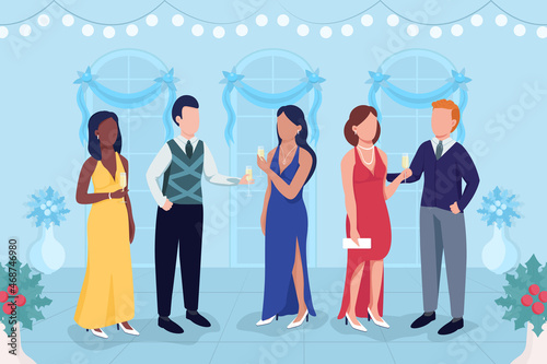 Elegant Christmas party flat color vector illustration. Social gathering for festive holidays. Fancy event. People in formal dresses and suits 2D cartoon characters with interior on background photo