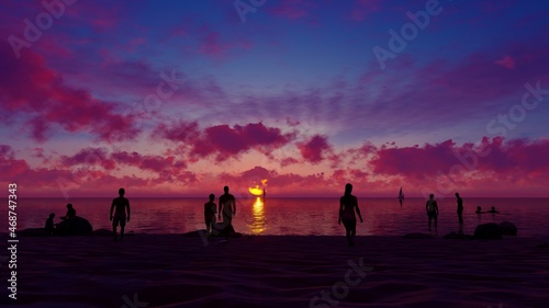 Group of people at the beach on beautiful summer sunset - 3D illustration