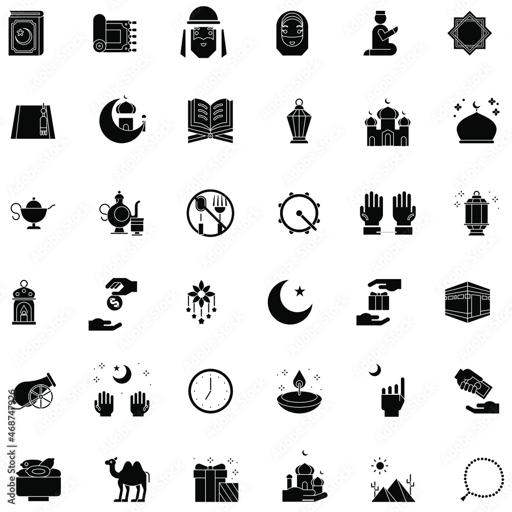 Black and white ramadan and eid Mubarak celebration icon, flat vector collection set Black and white ramadan and eid Mubarak celebration icon, flat vector collection set