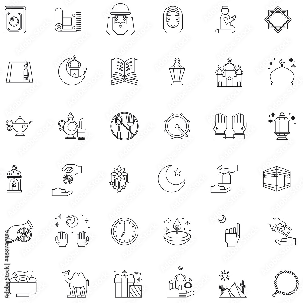 Outline ramadan and eid Mubarak celebration icon, flat vector collection set