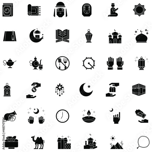 Black and white ramadan and eid Mubarak celebration icon, flat vector collection set
