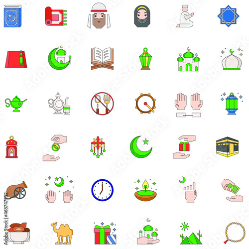 ramadan and eid Mubarak celebration icon, flat vector collection set