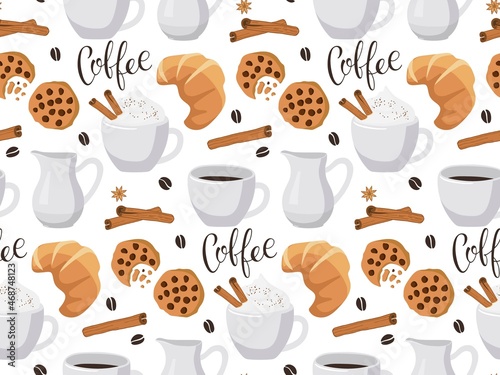 Seamless pattern with Coffee text, two coffee mugs, creamer, croissant, cookies, cinnamon. Vector calligraphy lettering. Repeated template for textile, wrapping paper, wallpaper, cover design
