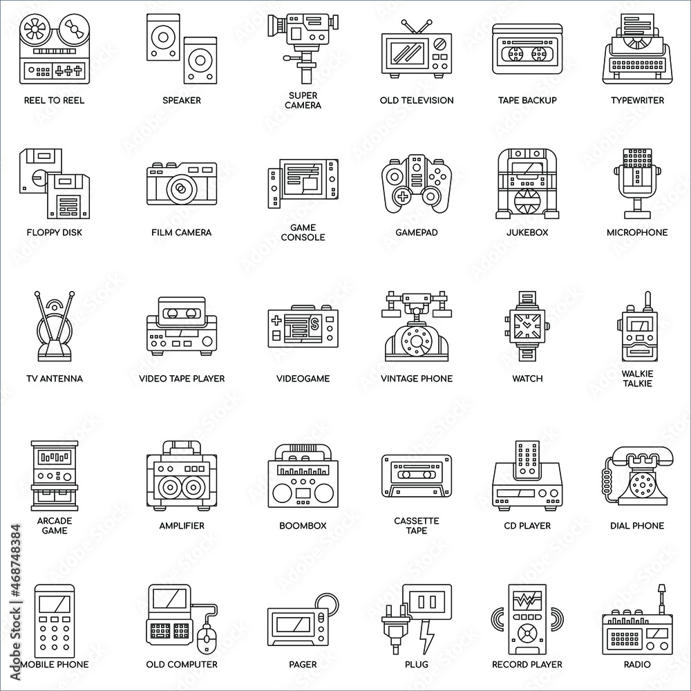 Outline Retro Technology collection flat vector icon set