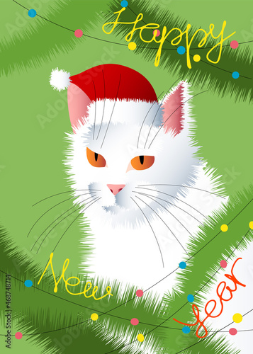 A bright New Year's card with the image of a fluffy white cat in a Santa Claus hat.