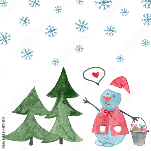 Watercolor snowman with gift and snowflake