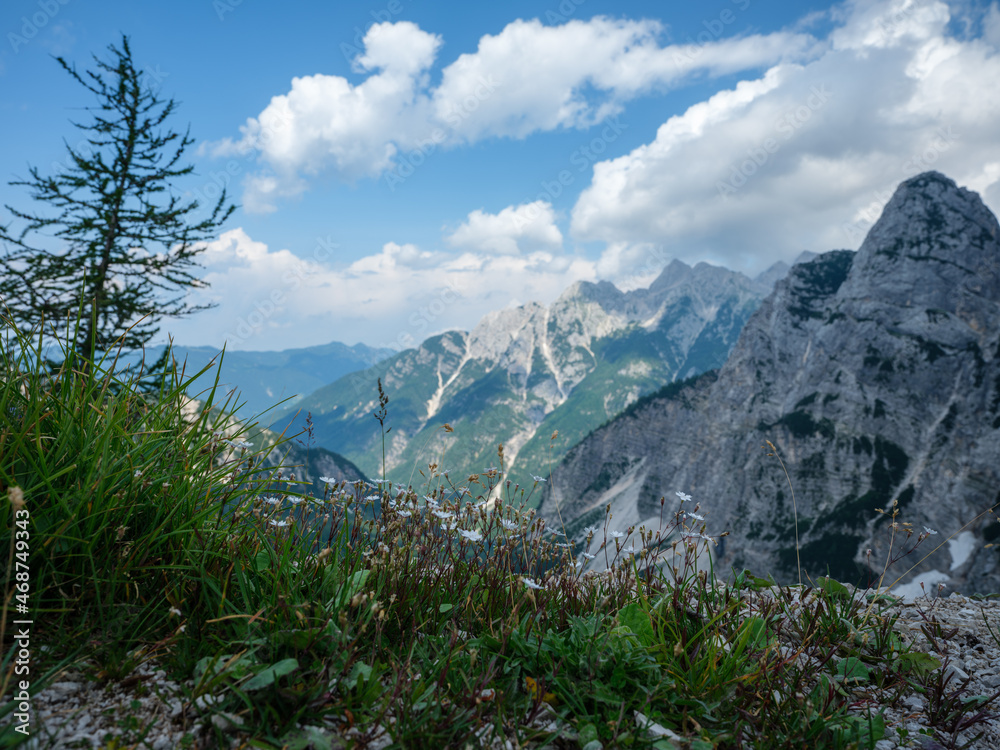 summer mountain tops and peaks under blue cloudy sky in Slovenia national Triglav park