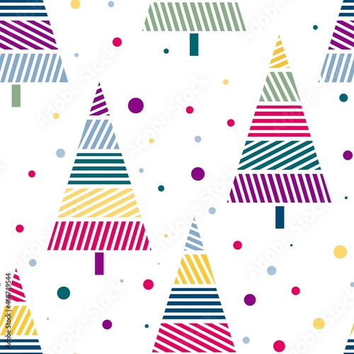 Festive multicolored Christmas trees seamless pattern. Background with balls and decorated trees for New Year and Christmas. Template for packaging, gifts, fabric and wallpaper, vector illustration.