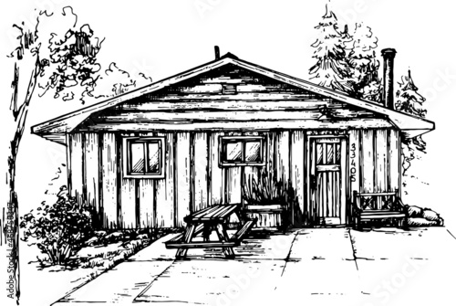 cabin in the woods monochromatic sketchy image on white background. perspective illustration of a wooden hut with a terrace in front and trees old farmhouse