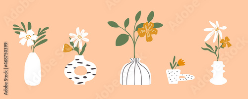 Stylish interior vase, pot, cup vector illustration. Set of different white ceramic art vases abstract form. Modern design jugs with flowers. Home decor in trendy style. Floral bouquet, flower, leaves