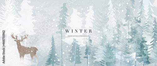 Winter background vector. Hand painted watercolor and gold brush texture, Mountain with snow, pine forest and deer hand drawing. Design for wallpaper, wall arts, cover, wedding and  invite card.
