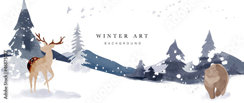 Winter background vector. Hand painted watercolor and gold brush texture, Mountain with snow, pine forest and deer hand drawing. Design for wallpaper, wall arts, cover, wedding and  invite card.