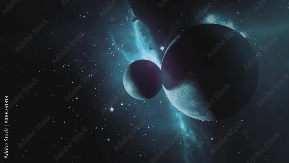 Colliding planets. Small planet or moon crashes into big planet creating a fiery explosion and shockwave.