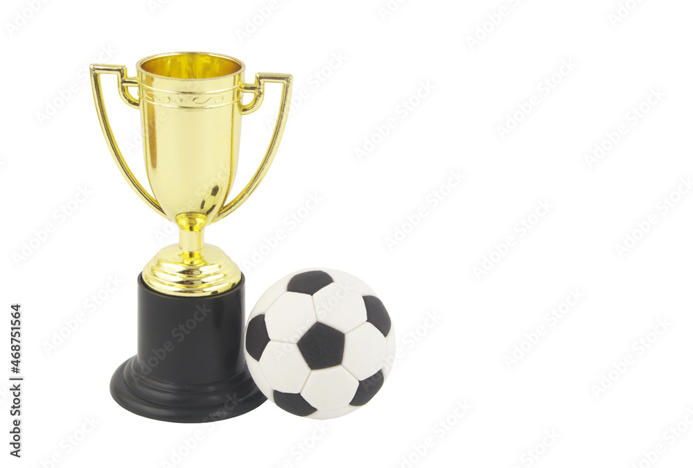 Champion trophy cup and soccer or football isolated on white, copy space for text Champion trophy cup and soccer or football isolated on white, copy space for text