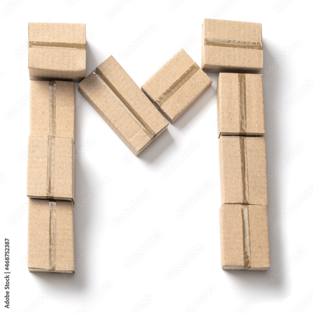 Letter M. Alphabet from cardboard boxes for delivery isolated on white background Letter M. Alphabet from cardboard boxes for delivery isolated on white background