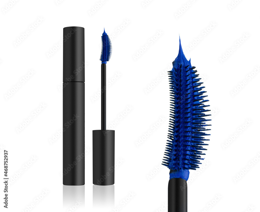Set of black color Mascara Bottle. Brush and mascara tube. Blue wand and black tube on white background. Fashionable cosmetics Makeup for Eyes. Mockup.