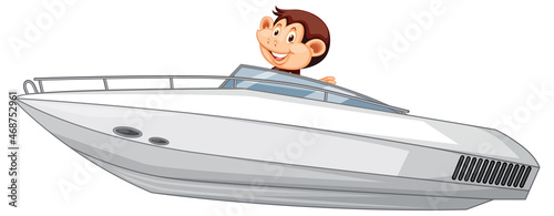 Cute monkey driving speed boat on white background
