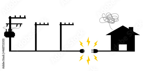 Electric poles to transmit electricity to house or home power failure outage plug and socket unplug sparks black icon on white background flat vector design.