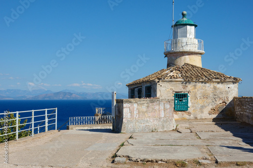 Lighthouse in old Byzantine fortress in Kerkyra, Corfu island in Greece