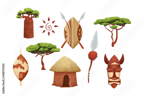 Set African hut with straw roof, baobab shield with spear, tribal mask in cartoon style isolated on white background. Safari tribal collection, rural desert building.