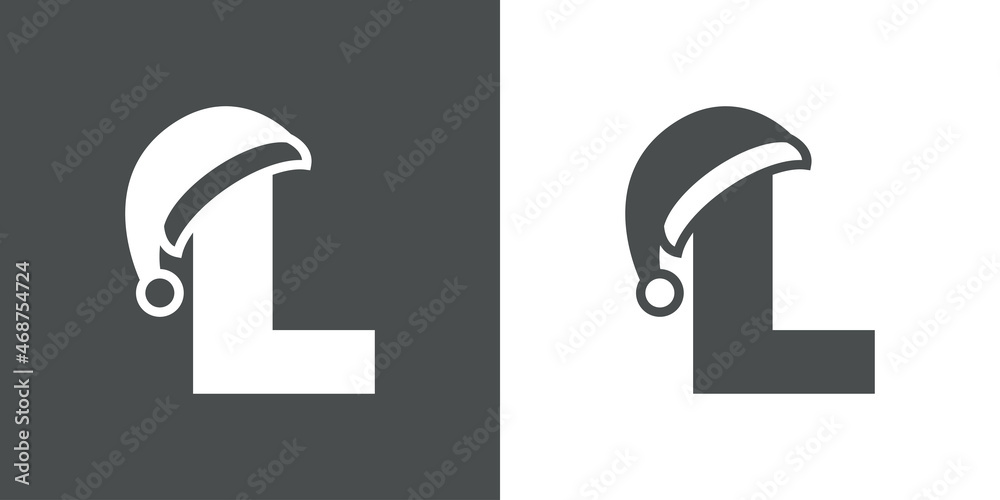 Logotipo con letra inicial L con silueta de sombrero de Papá Noel en fondo gris y fondo blanco, para su uso en invitaciones y tarjetas de felicitación Logotipo con letra inicial L con silueta de sombrero de Papá Noel en fondo gris y fondo blanco, para su uso en invitaciones y tarjetas de felicitación
