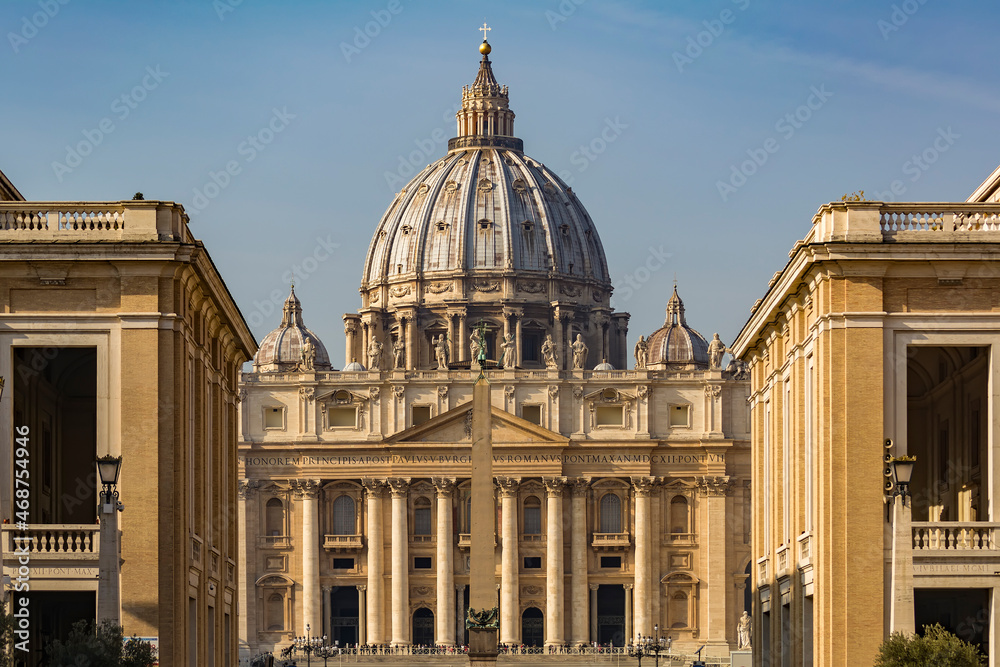 A view of St. Peter's Basilica  in piazza San Pietro (St. Peter's Square) in Vatican City, as seen from via della Conciliazione. Rome, Italy