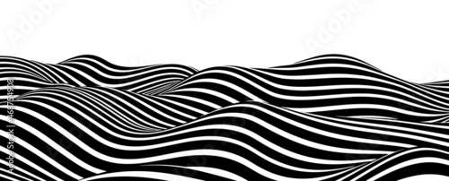 Optical illusion curve wave. Abstract vector background with black and white lines. Pattern distorted textures.
