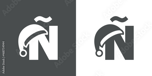 Logotipo con letra inicial Ñ con silueta de sombrero de Papá Noel en fondo gris y fondo blanco, para su uso en invitaciones y tarjetas de felicitación
