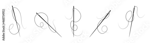 Set of needle with thread on white background. Vector needle in flat style.