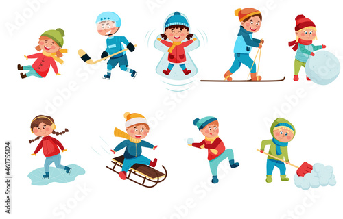 Winter time outdoor activities with kids. Child Engaged In Winter Sports. Cartoon characters isolated on white background. Vector illustration.