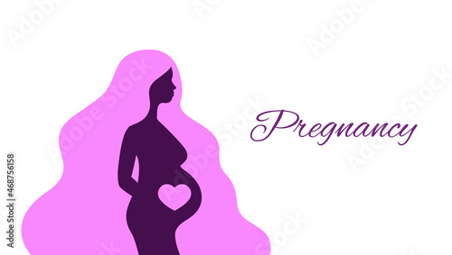 Silhouette of pregnant woman in profile isolated. Young expectant mother with long hair logo. Pregnancy text. Vector illustration
