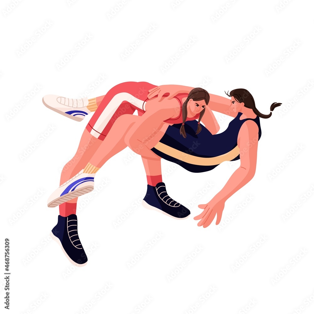 Two strong women fighters wrestling, competing in freestyle sports battle. Fight of female wrestlers. Fighter attacking opponent. Flat vector illustration of athletes isolated on white background