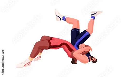Freestyle wrestlers fighting, competing in championship battle. Fighters wrestling. Athlete attacking opponent to make him fall down. Flat vector illustration of sparing isolated on white background