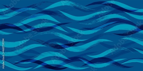 Seamless Wave Pattern, Hand drawn water sea vector background. Watercolor wavy beach brush stroke, curly grunge paint lines, modern design