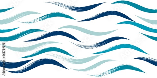 Seamless Wave Pattern, Hand drawn water sea vector background. Watercolor wavy beach brush stroke, curly grunge paint lines, modern design