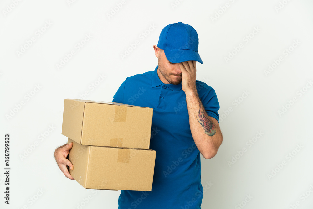 Delivery caucasian man isolated on white background with tired and sick expression Delivery caucasian man isolated on white background with tired and sick expression