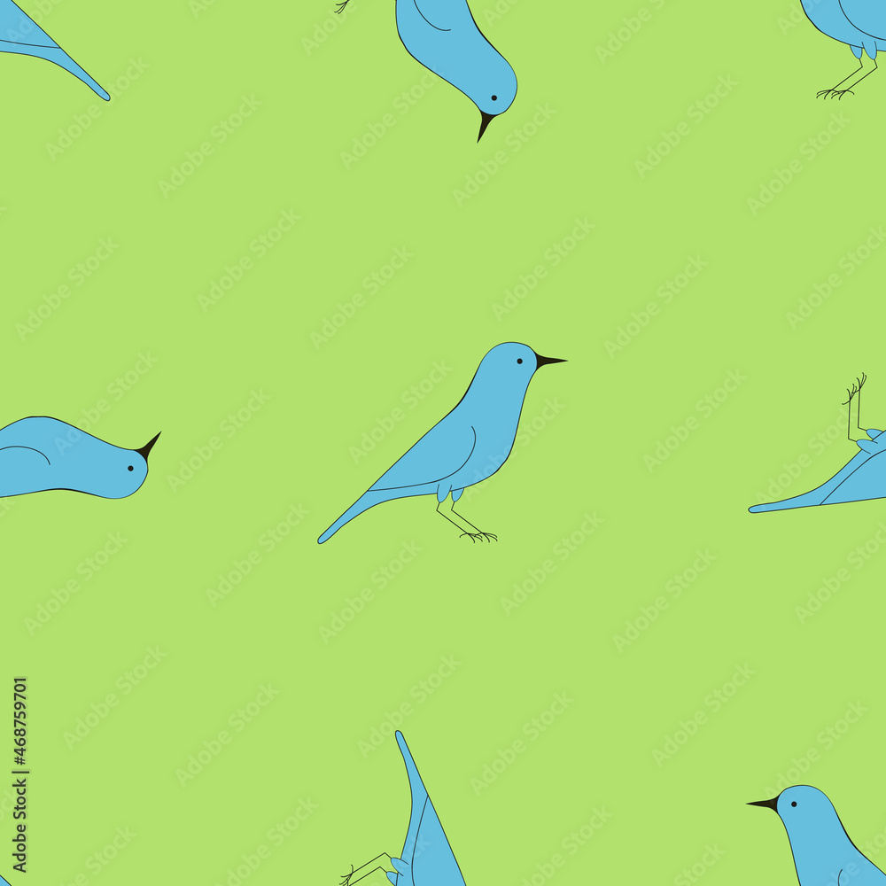 A jpeg pattern illustration of blue baby birds isolated on green background. Designed for prints, templates, backgrounds, wraps