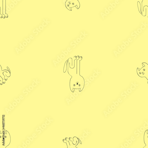 A jpeg pattern illustration of cats isolated on yellow background. Designed for prints, templates, backgrounds, wraps