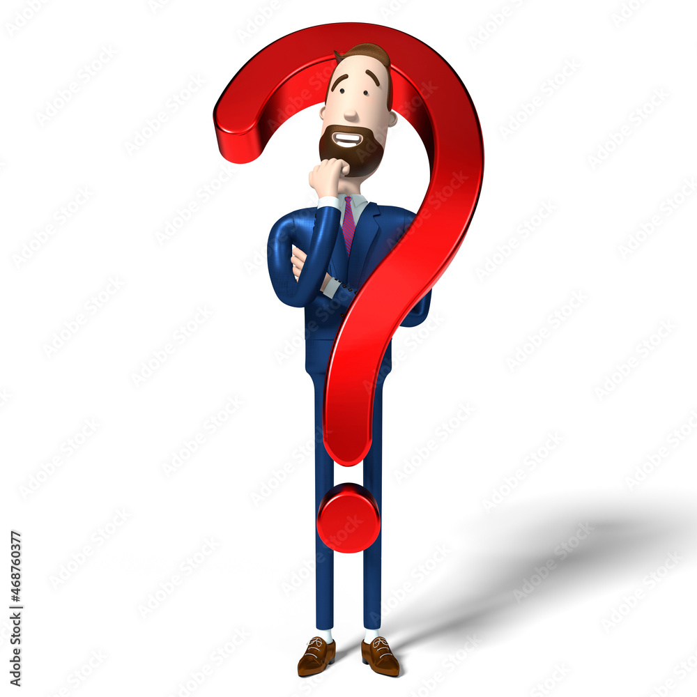 Handsome cartoon businessman and question mark sign - 3D illustration