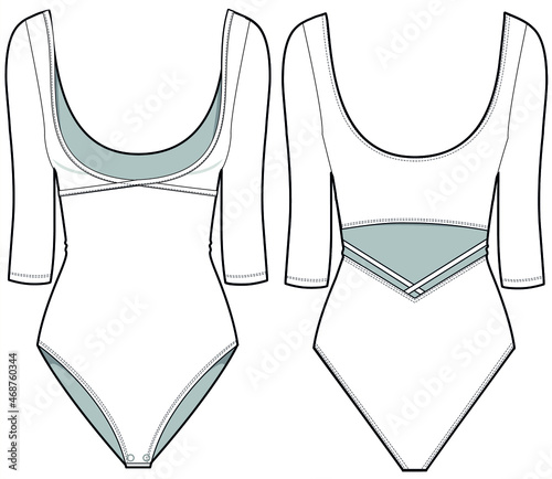 Women Scoop Neck Long Sleeve Leotard, Bodysuit, Ballet dress Front and Back View. fashion illustration, vector, CAD, technical drawing, flat drawing.